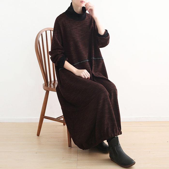 warm brown knit dresses casual high neck spring dresses vintage baggy winter dress - Omychic