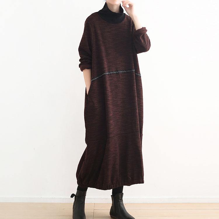 warm brown knit dresses casual high neck spring dresses vintage baggy winter dress - Omychic