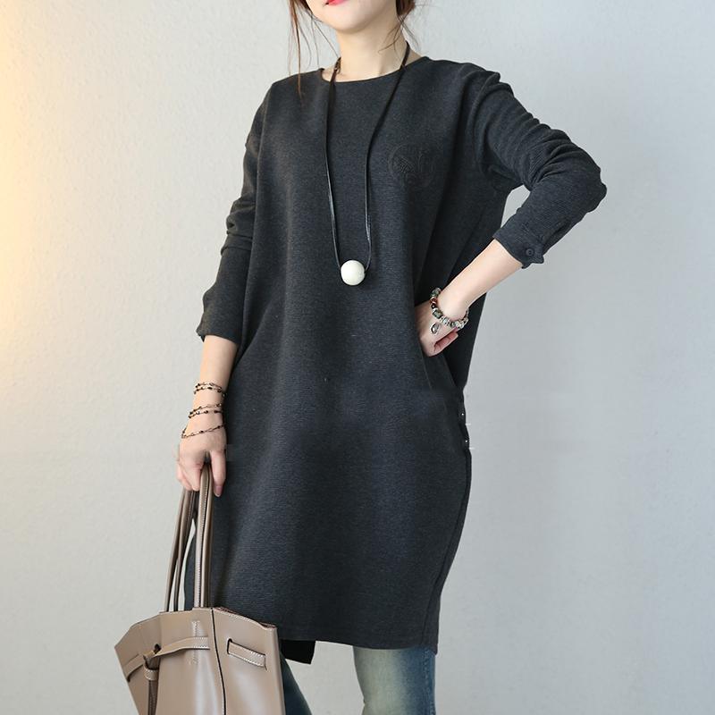 warm dark gray sweaters fall fashion baggy dresses knitted tops Fine O neck long sleeve shirt - Omychic