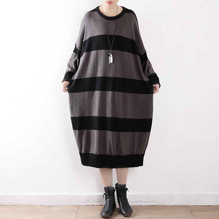 warm gray striped spring dresses plus size o neck winter dress Batwing Sleeve long knit sweaters - Omychic