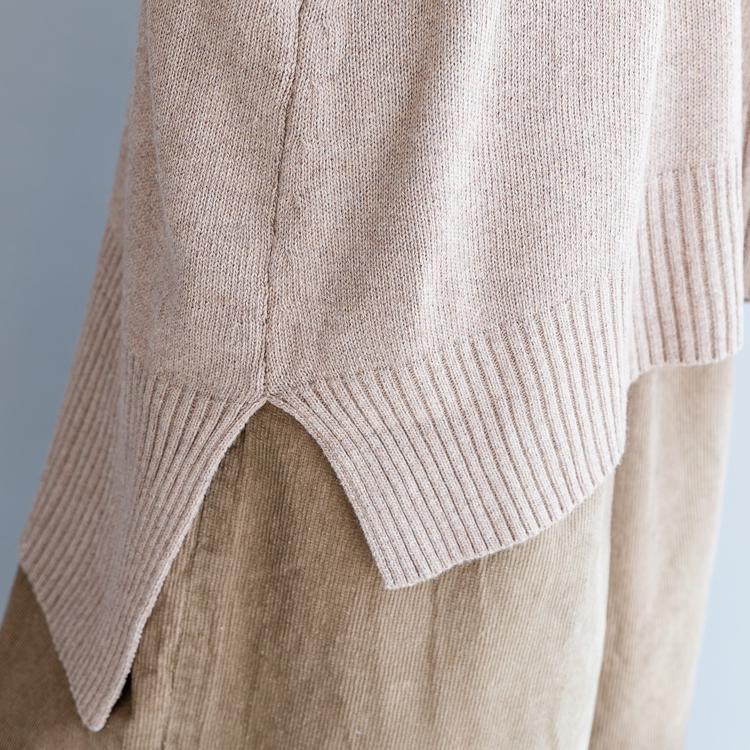 warm khaki  knit tops Loose fitting v neck  sleeveless knitted blouses Fine side open pullover - Omychic