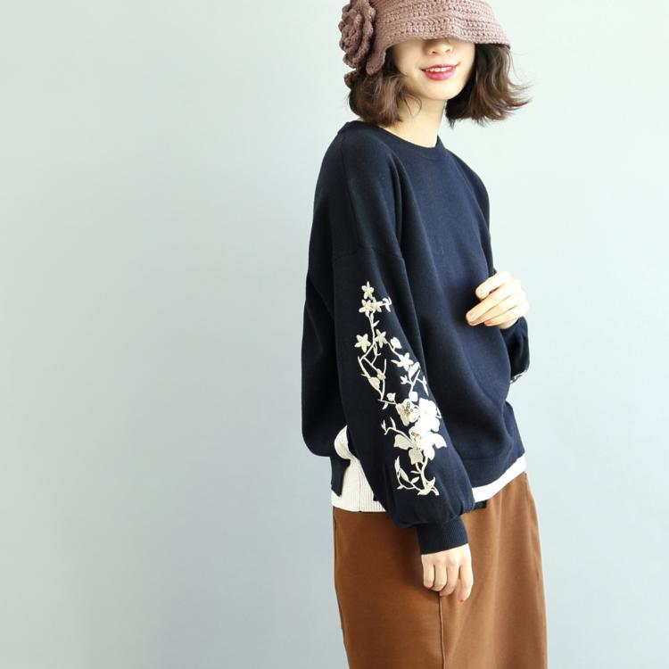 warm navy cozy sweater trendy plus size embroidery knit sweaters tops 2018 o neck top - Omychic