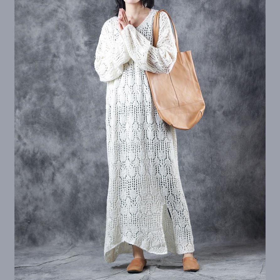 warm white sweater dresses oversize v neck pullover sweater Fine hollow out dresses - Omychic