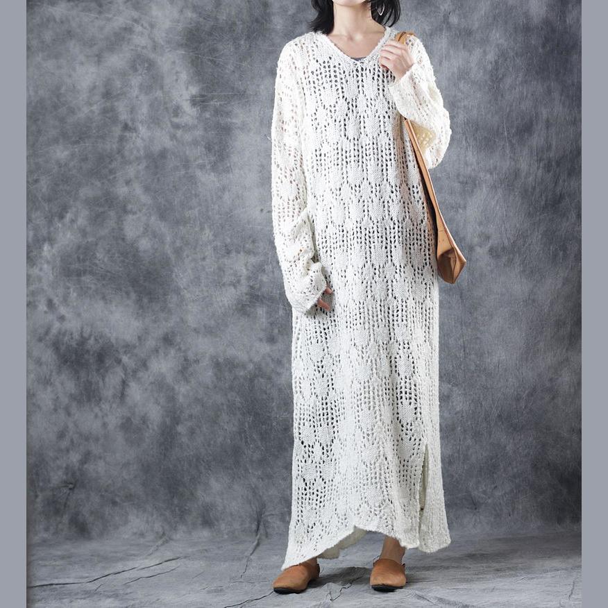 warm white sweater dresses oversize v neck pullover sweater Fine hollow out dresses - Omychic