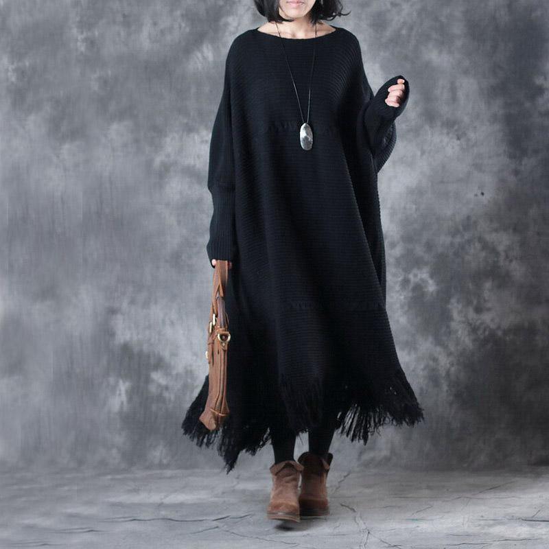 Warm Black Knit Dresses Trendy Plus Size Tassel Sweater Fine O-Neck Pullover - Omychic