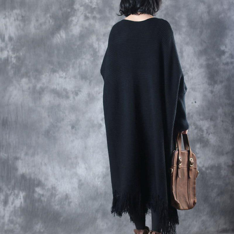 Warm Black Knit Dresses Trendy Plus Size Tassel Sweater Fine O-Neck Pullover - Omychic
