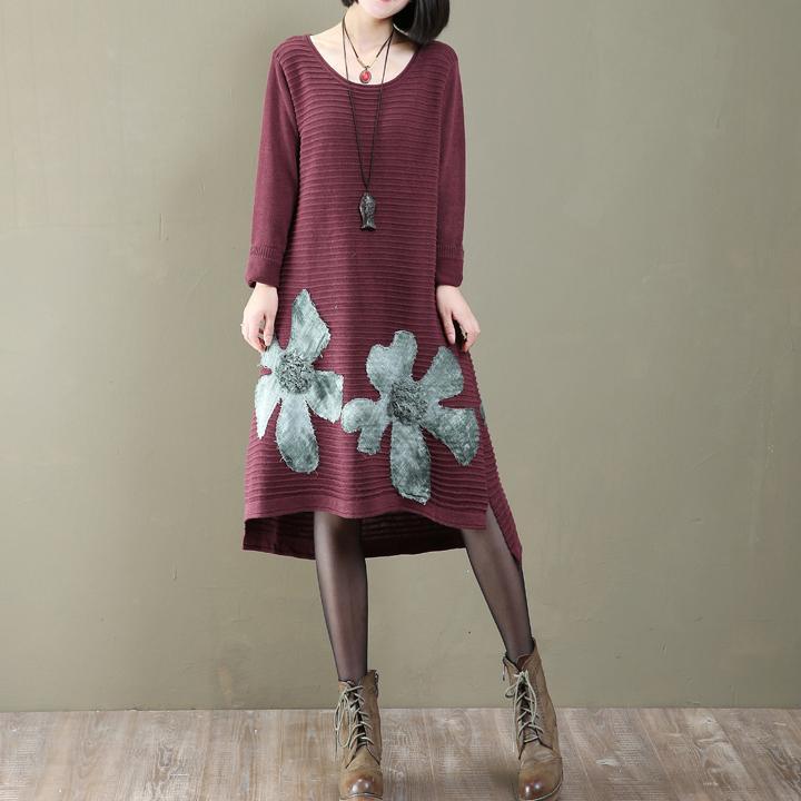 warm burgundy flowers knit dresses trendy plus size pullover sweater boutique spring dresses sweater - Omychic