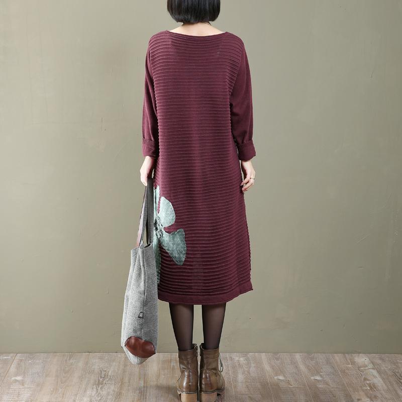warm burgundy flowers knit dresses trendy plus size pullover sweater boutique spring dresses sweater - Omychic