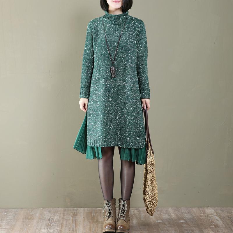 warm green pleated patchwork sweater dress oversize long knit sweaters Fine sweaters - Omychic