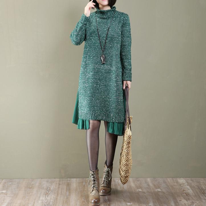 warm green pleated patchwork sweater dress oversize long knit sweaters Fine sweaters - Omychic