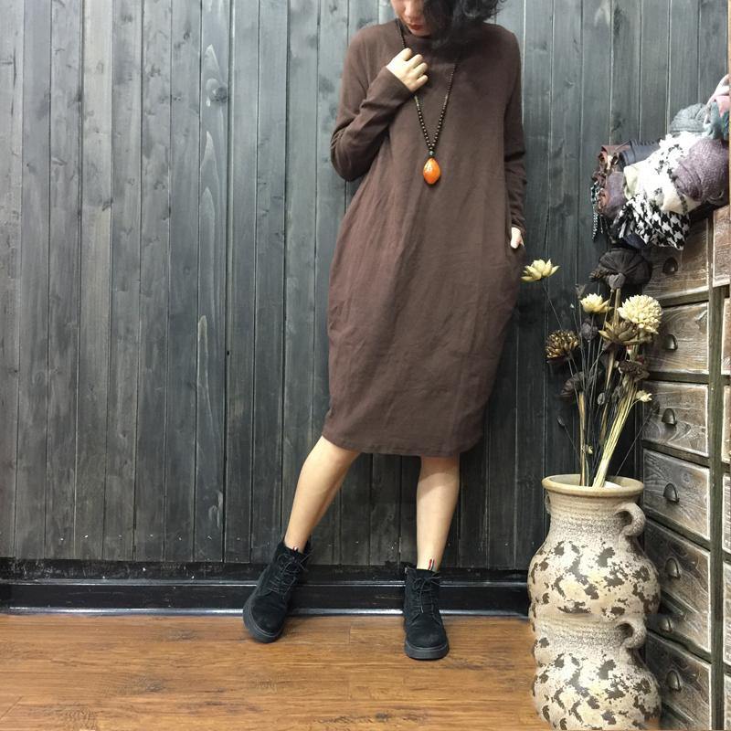 warm khaki knit dresses oversized loose waist pullover 2018 high neck winter dresses - Omychic