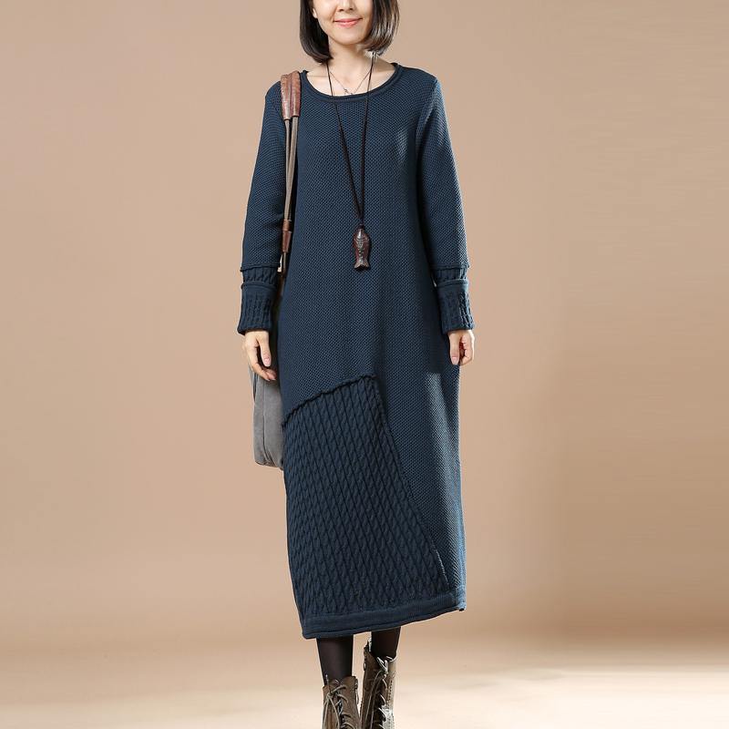 warm navy cable knit sweaters knit dress plus size clothing sweater women patchwork spring dresses - Omychic
