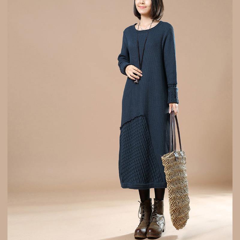 warm navy cable knit sweaters knit dress plus size clothing sweater women patchwork spring dresses - Omychic
