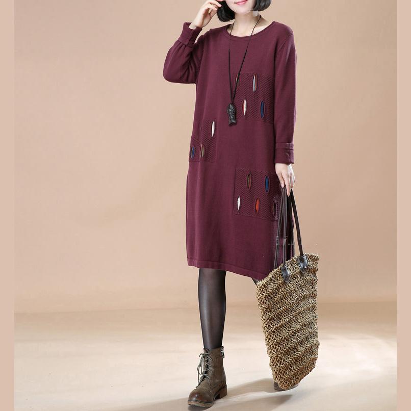 warm purple split knit dresses Loose fitting spring dresses boutique patchwork sweater - Omychic