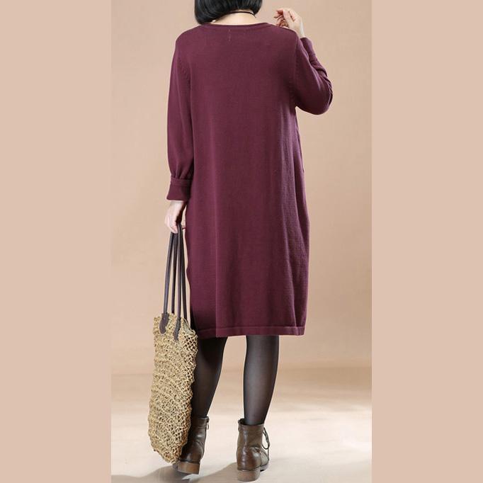 warm purple split knit dresses Loose fitting spring dresses boutique patchwork sweater - Omychic
