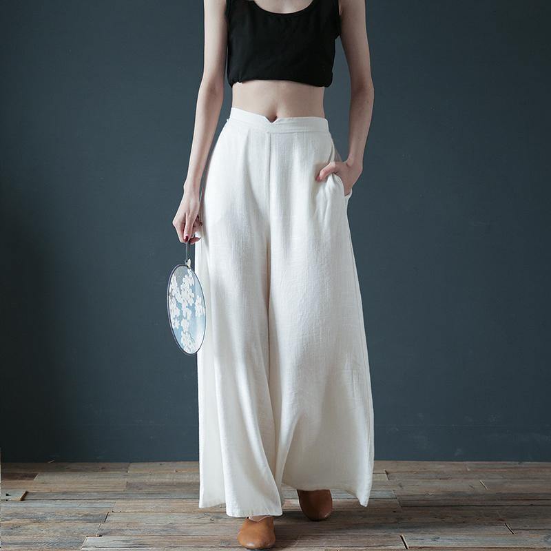 white casual linen pants elastic waist loose pants skirt - Omychic