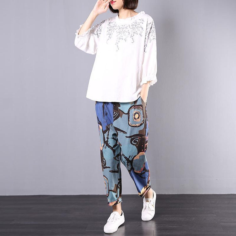 white long sleeve embroidery tops and elastic waist prints pants two pieces - Omychic