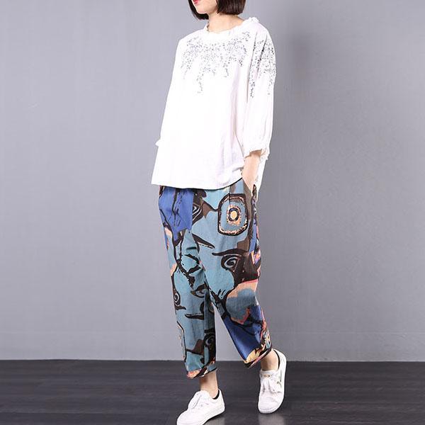 white long sleeve embroidery tops and elastic waist prints pants two pieces - Omychic