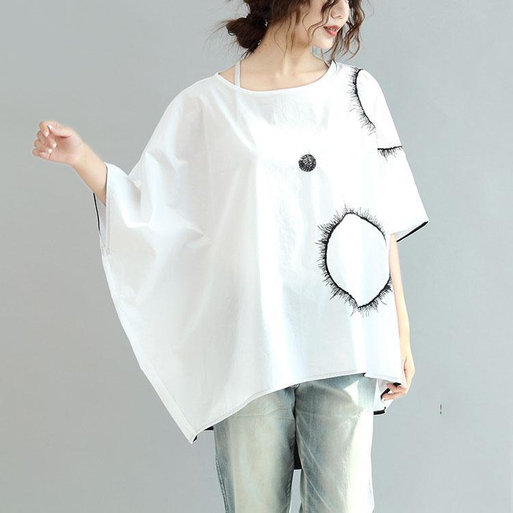 white baggy loose cotton blouse oversize print tops batwing sleeve t shirt - Omychic