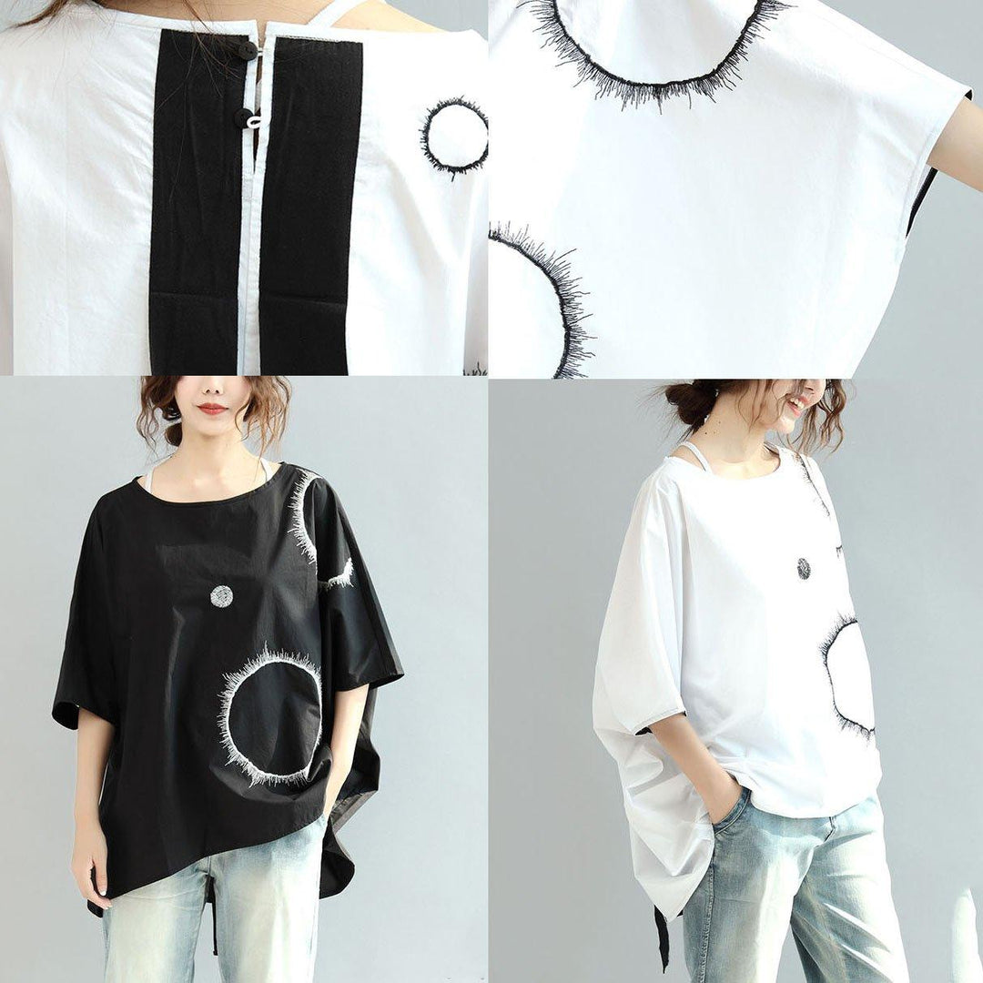 white baggy loose cotton blouse oversize print tops batwing sleeve t shirt - Omychic