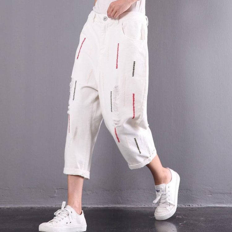 White Baggy Loose Embroidery Cotton Pants Casual Plus Size Ripped Jeans - Omychic