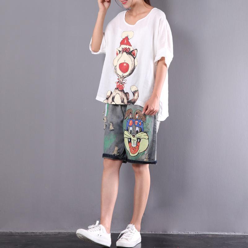 white cartoon print casual blouse loose short sleeve tops - Omychic