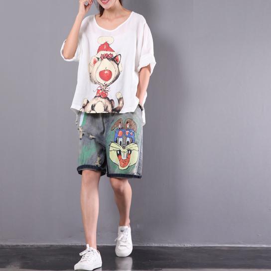 white cartoon print casual blouse loose short sleeve tops - Omychic
