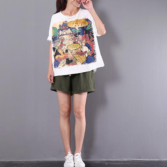 white cartoon print cotton tops plus size blouse - Omychic