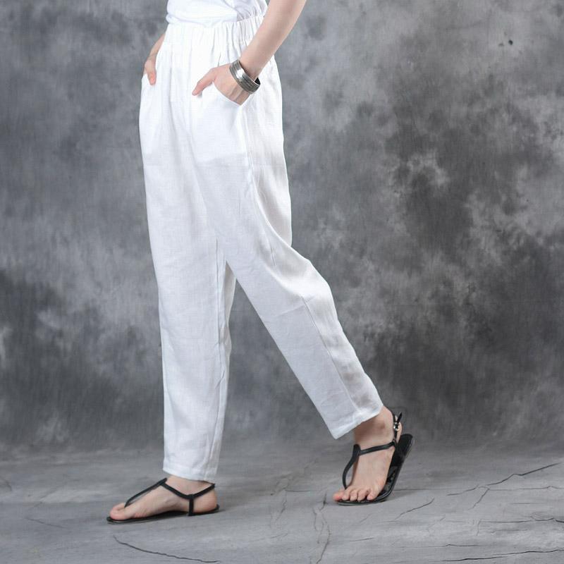 white casaul linen pants elastic waist casual straight pants - Omychic