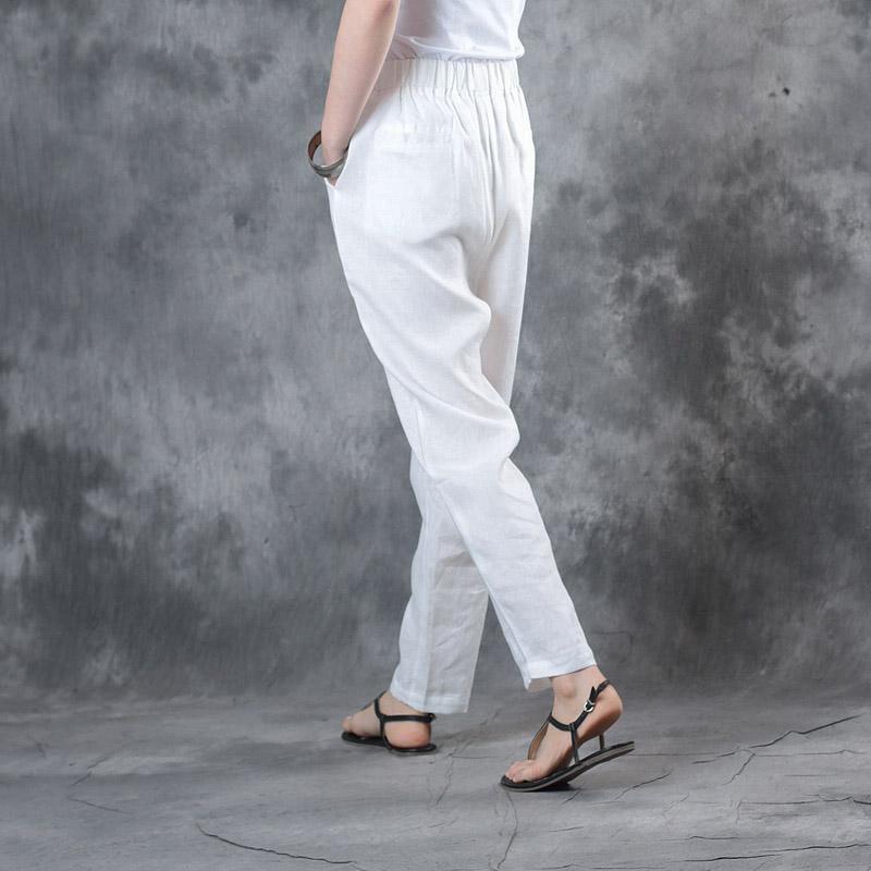 white casaul linen pants elastic waist casual straight pants - Omychic