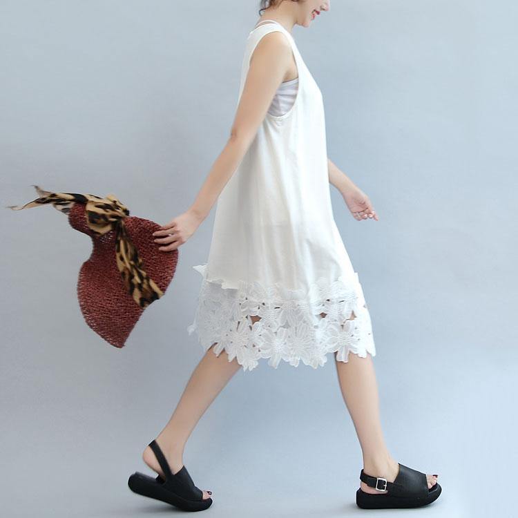 white casual cotton dresses plus size sundress sleeveless maxi dress - Omychic