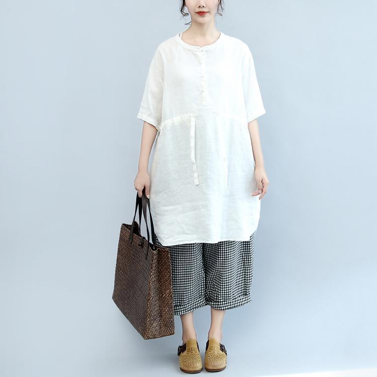 white casual linen dresses oversize stylish blouse drawstring shirt dress - Omychic