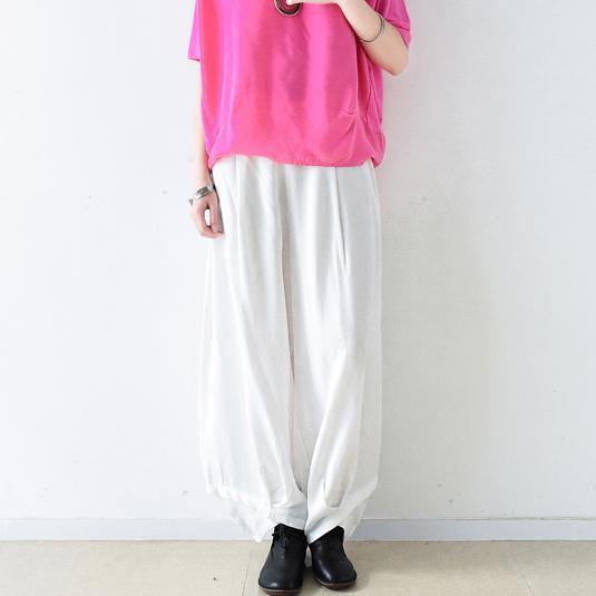 white casual silk linen pants plus size stylish wide leg pants - Omychic