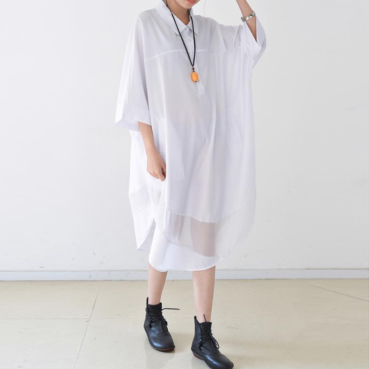 white casual summer dress plus size sundress cotton stylish shirt dresses - Omychic
