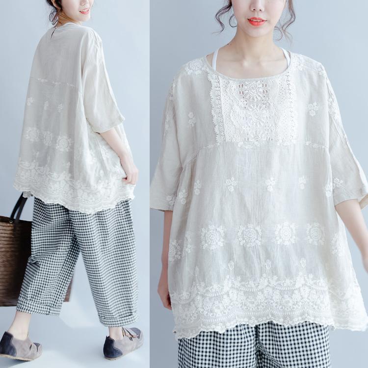 White Casual Tops Linen Stylish Embroidery Pullover Bracelet Sleeved T Shirt ( Limited Stock) - Omychic
