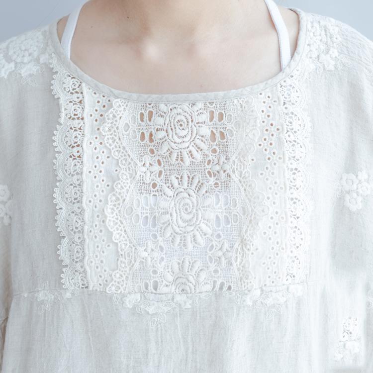 White Casual Tops Linen Stylish Embroidery Pullover Bracelet Sleeved T Shirt ( Limited Stock) - Omychic