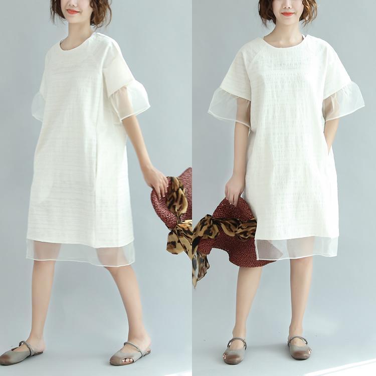 white casual vintage summer dresses ruffles plus size cotton sundress puff sleeve mid dress - Omychic