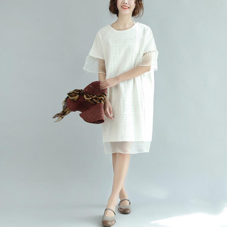 white casual vintage summer dresses ruffles plus size cotton sundress puff sleeve mid dress - Omychic