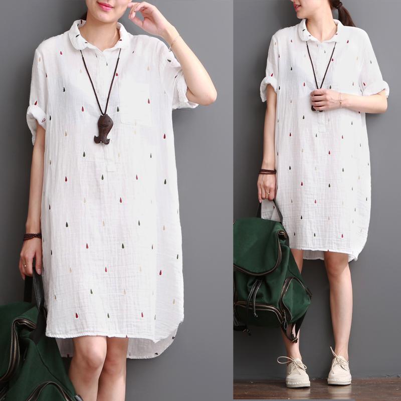 white cotton dresses summer half sleeve shirt dress sundress - Omychic