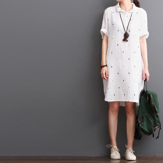 white cotton dresses summer half sleeve shirt dress sundress - Omychic