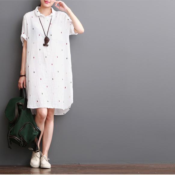 white cotton dresses summer half sleeve shirt dress sundress – Omychic