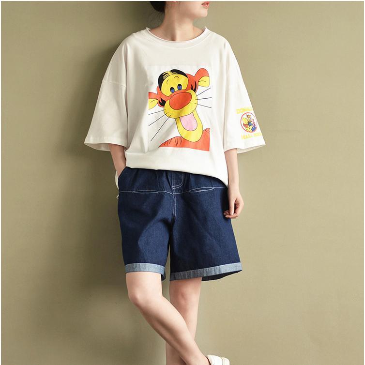 White Cute Cotton Pullover Plus Size Casual T Shirt O Neck Tops Cartoon Print - Omychic
