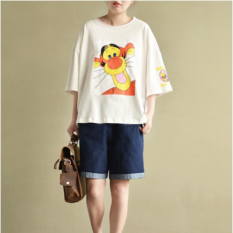 White Cute Cotton Pullover Plus Size Casual T Shirt O Neck Tops Cartoon Print - Omychic