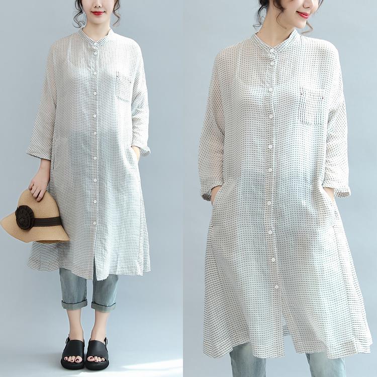 white dotted  casual linen shirt dress oversize casual stand stylish maxi blouse - Omychic