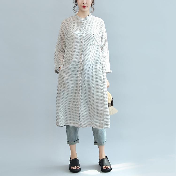 white dotted  casual linen shirt dress oversize casual stand stylish maxi blouse - Omychic