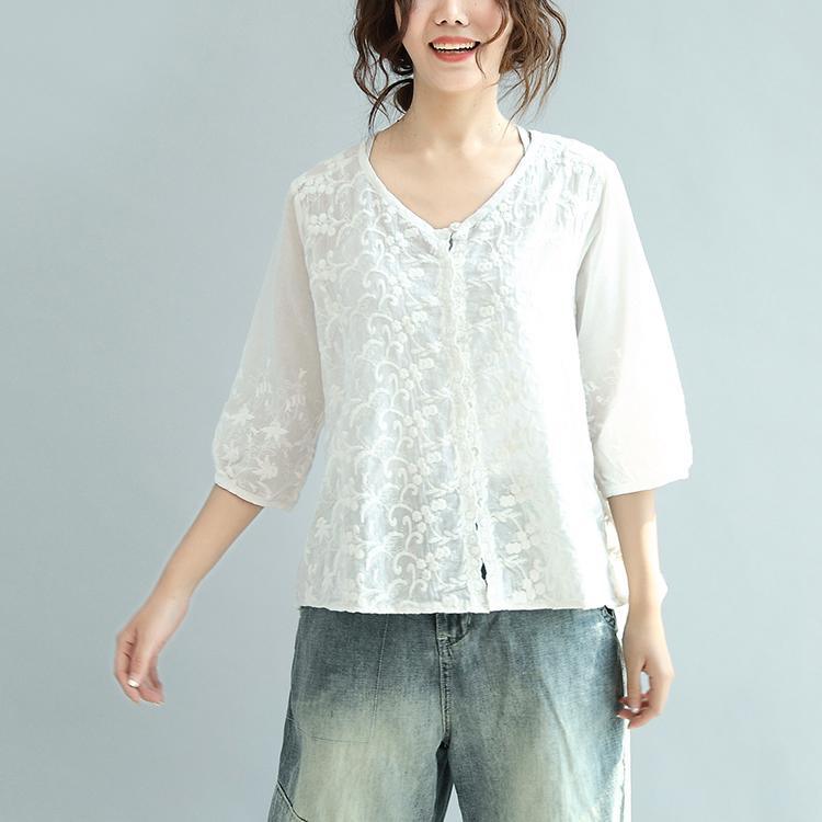 white embroidery cute cotton tops plus size casual blouse half sleeve cardigans - Omychic