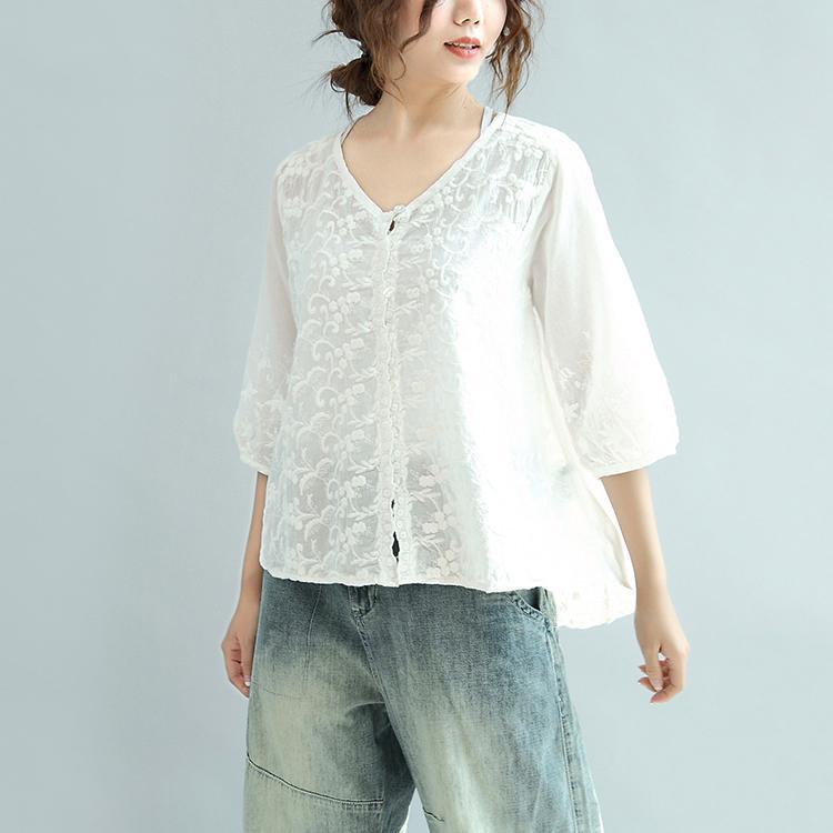 white embroidery cute cotton tops plus size casual blouse half sleeve cardigans - Omychic