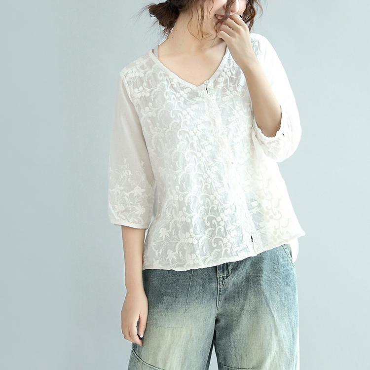 white embroidery cute cotton tops plus size casual blouse half sleeve cardigans - Omychic