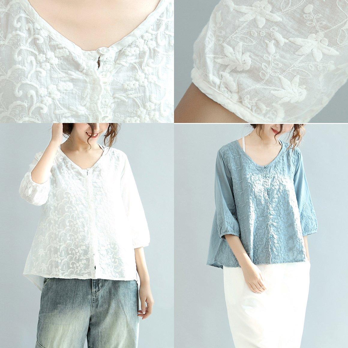 white embroidery cute cotton tops plus size casual blouse half sleeve cardigans - Omychic