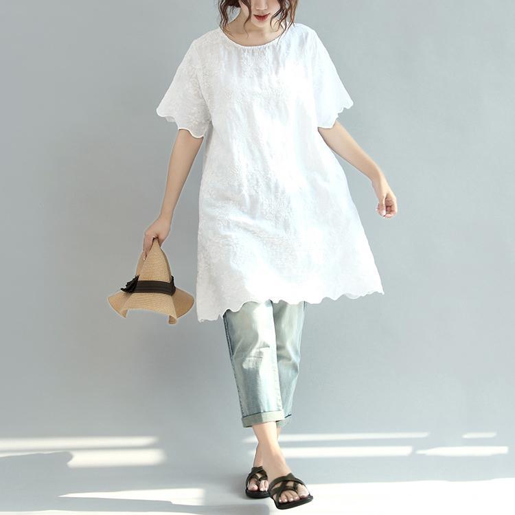 white embroidery floral linen dresses oversize sundress short sleeve shirt dress - Omychic